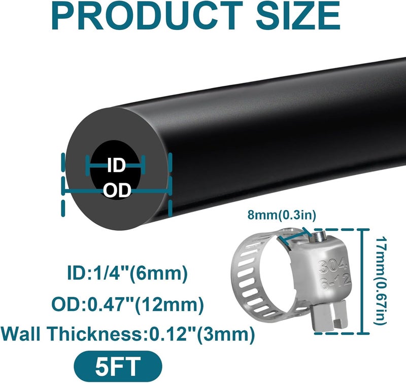 SDZONGES خرطوم فراغ للسيارات، 5 قدم، قطر داخلي 1/4" (6 مم) خرطوم فراغ، ضغط أقصى 130 PSI (يشمل 4 مشابك). - Image 2